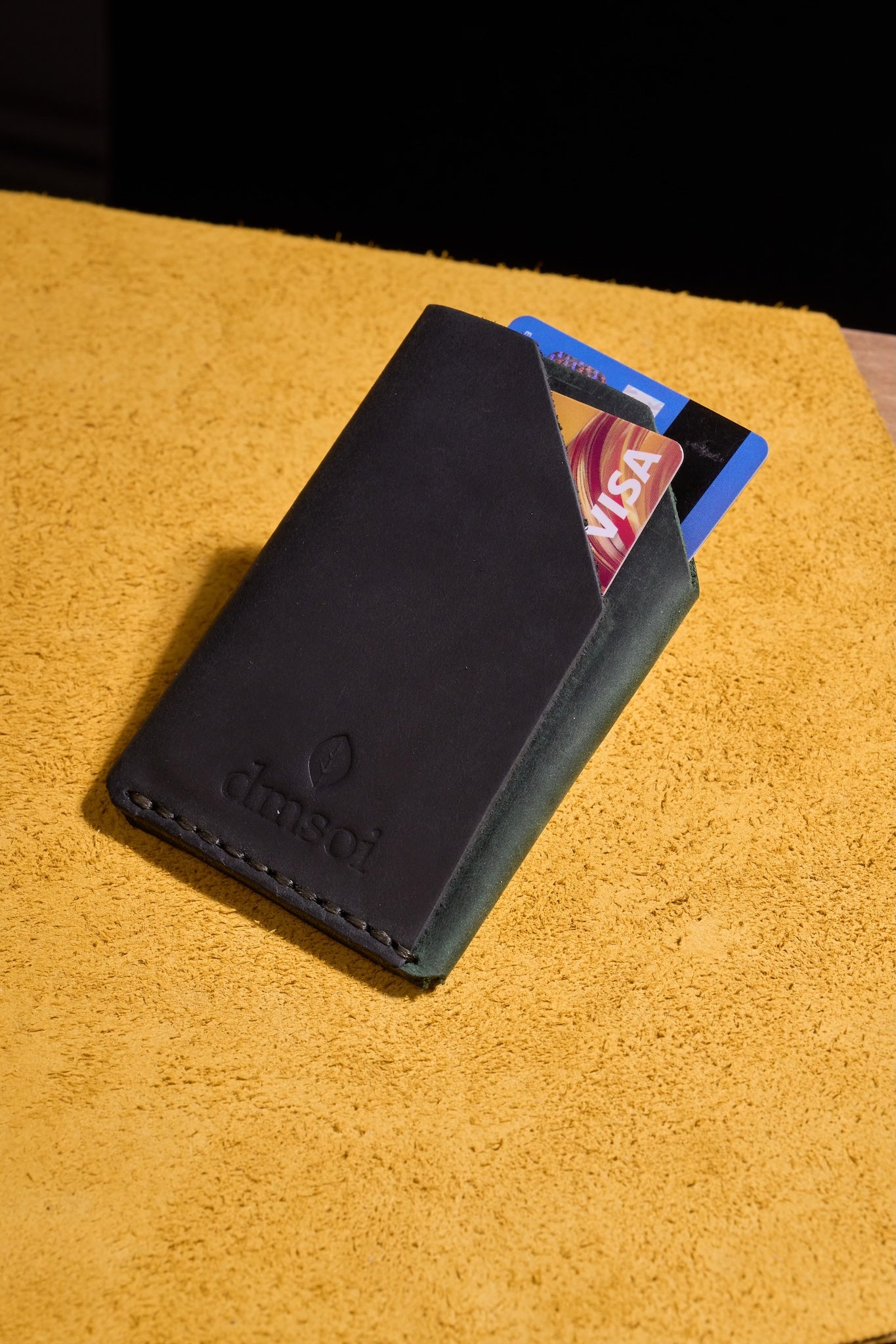 Yeşil Siyah - El Yapımı Minimalist Deri Kartlık – %100 Dana Derisi, Erkekler ve Kadınlar İçin Birinci Sınıf İnce El Yapımı Kartlık, Makine Kullanılmamıştır, Dayanıklı Günlük Kullanım Kartlık