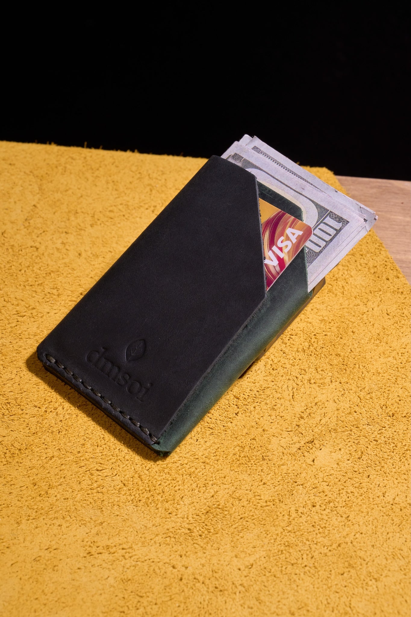 Yeşil Siyah - El Yapımı Minimalist Deri Kartlık – %100 Dana Derisi, Erkekler ve Kadınlar İçin Birinci Sınıf İnce El Yapımı Kartlık, Makine Kullanılmamıştır, Dayanıklı Günlük Kullanım Kartlık