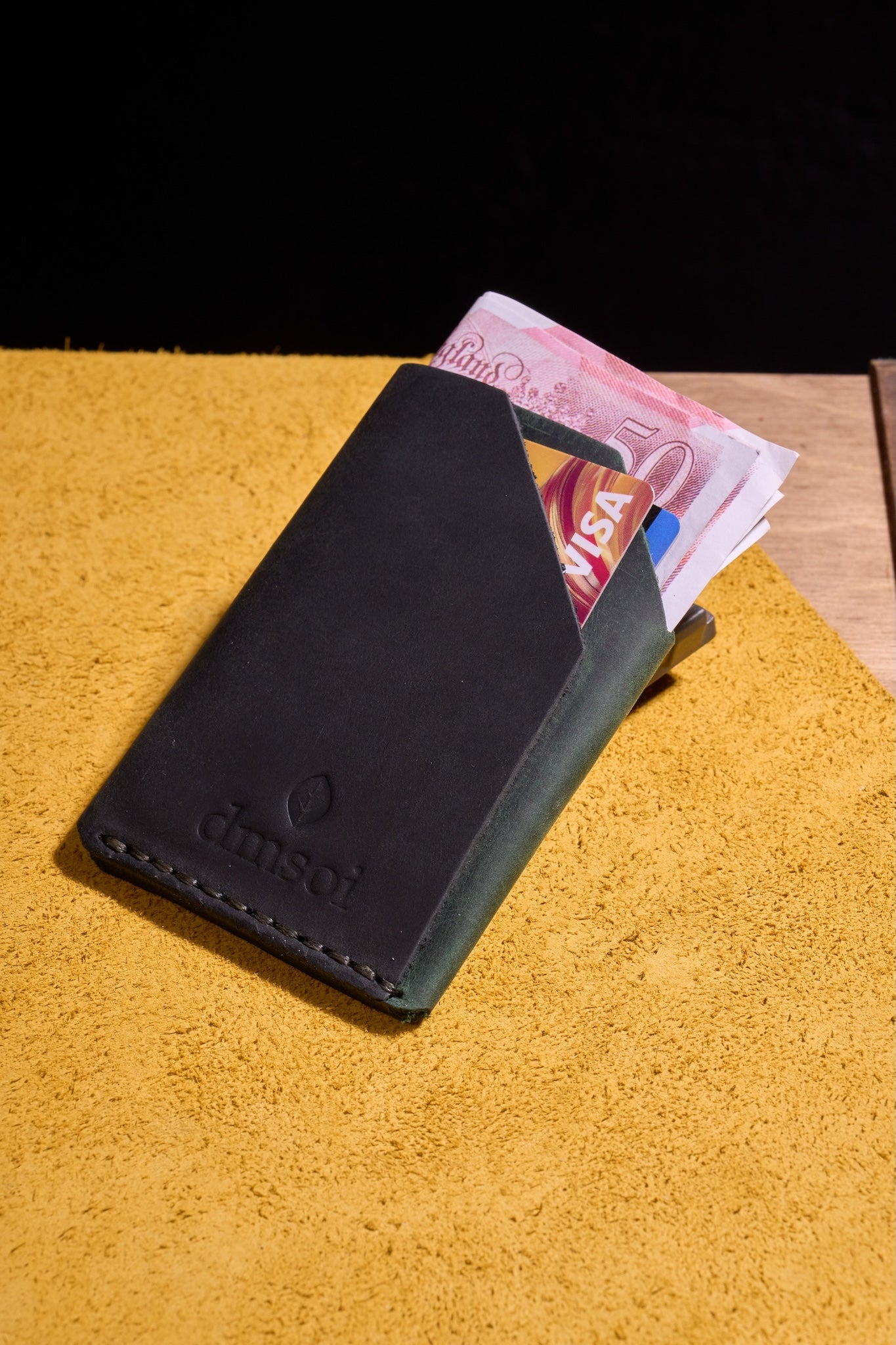 Yeşil Siyah - El Yapımı Minimalist Deri Kartlık – %100 Dana Derisi, Erkekler ve Kadınlar İçin Birinci Sınıf İnce El Yapımı Kartlık, Makine Kullanılmamıştır, Dayanıklı Günlük Kullanım Kartlık